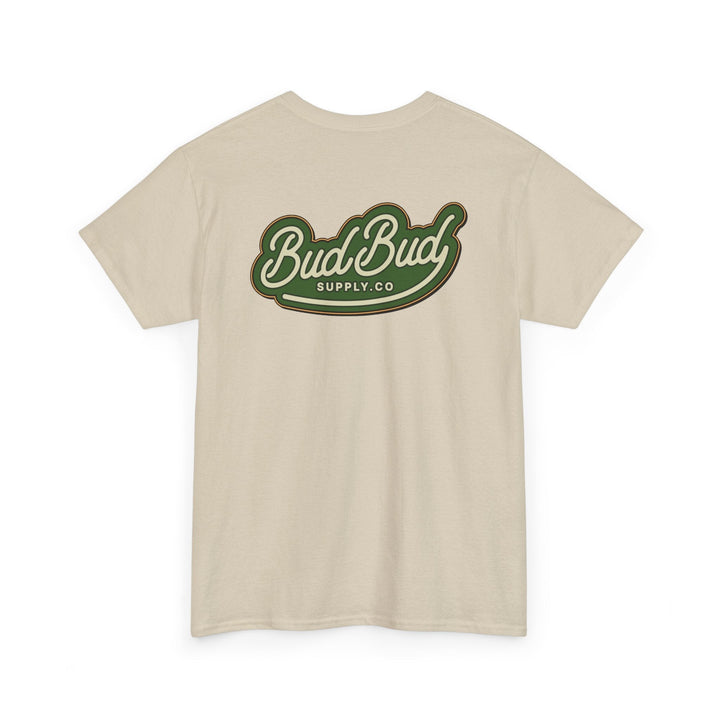 Bud Bud Supply Co. Logo Tee — Retro Green Script Chest & Back Shirt official brand image