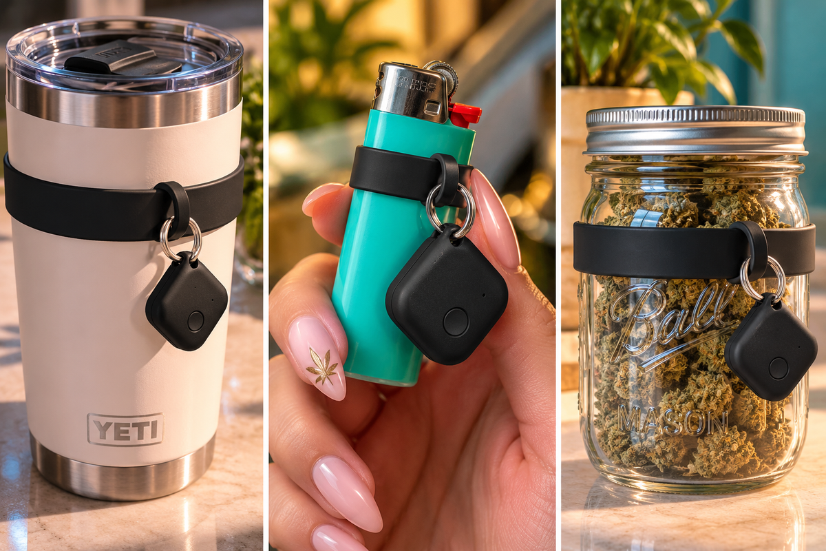 Concept visual: Find-It tracker with silicone bands on tumbler, lighter and mason jar