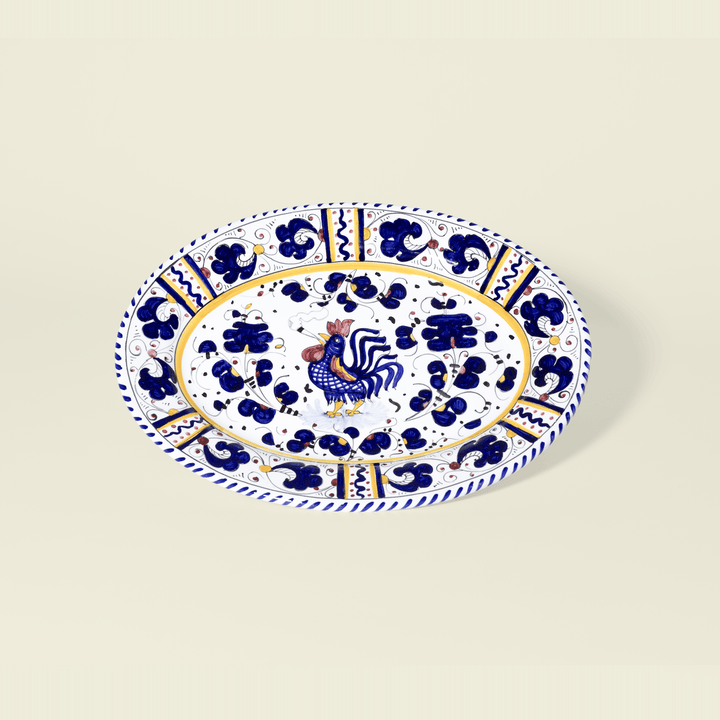 Houseplant Smoking Rooster Oval Platter — Hand-Painted in Deruta, Italy